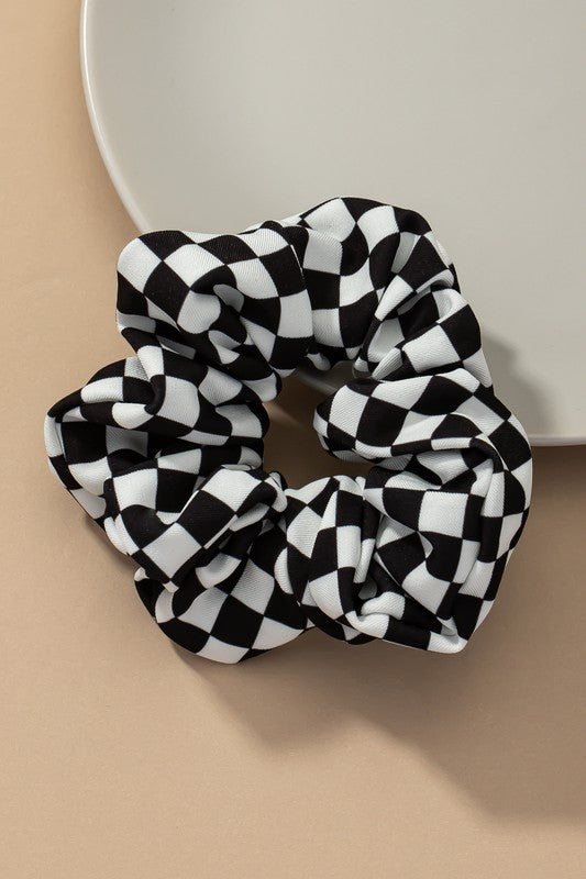 satin black and white checker hair scrunchie