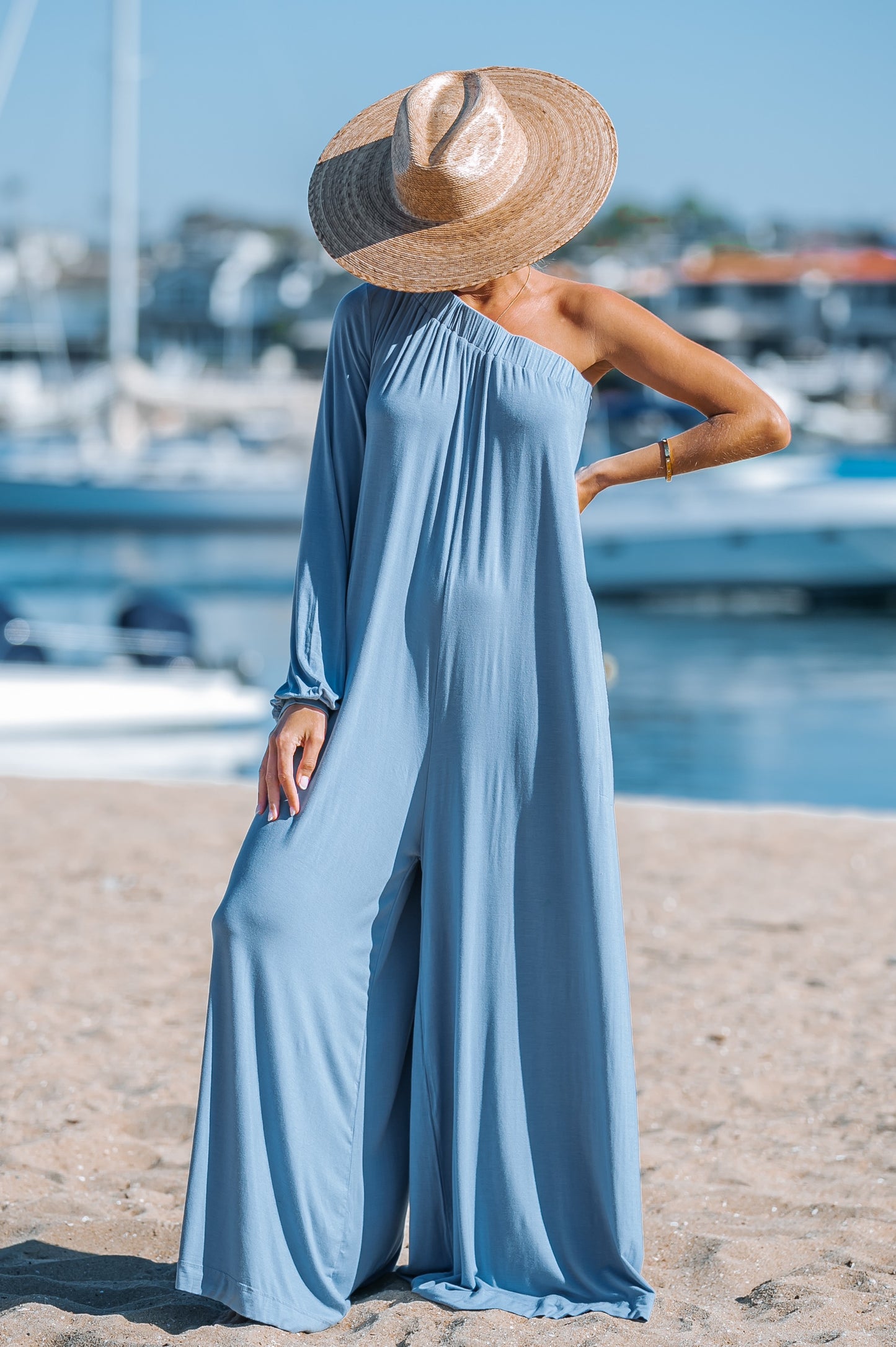 Dusty Blue One Shoulder Jumpsuit