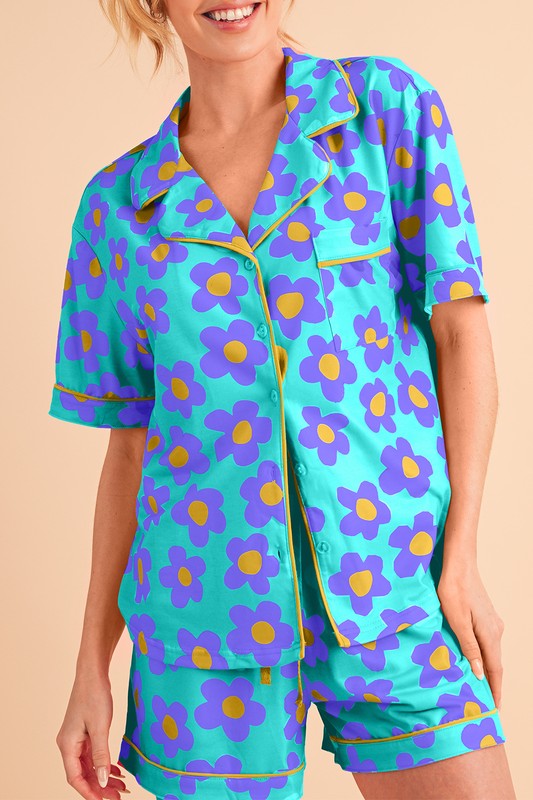 Flower Short Sleeve Shirt Pajamas Set