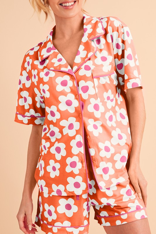 Flower Short Sleeve Shirt Pajamas Set