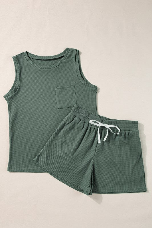 Knit Patched Pocket Tank and Drawstring Shorts Set