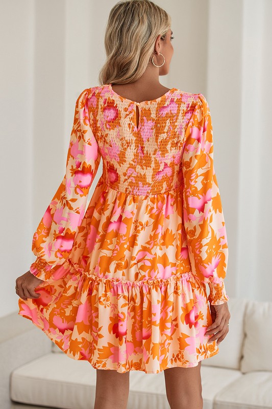 Abstract Smocked Bust Lantern Ruffle Mini Dress