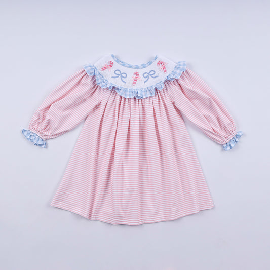Pink candy cane bow hand smocked ruffle dress