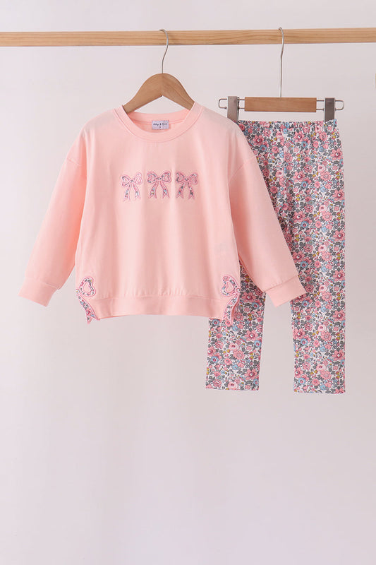 Pink Floral Bow Applique Pants Set